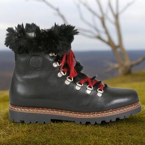 Ammann Splugen Black Leather Rabbitfur Womens Boots with Red Laces